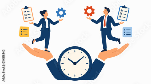 Professional Business Team Balancing Time Management Tasks with Gears and Checklists on Giant Clock Hands, Corporate Productivity, Work Life Balance and Teamwork Concept Vector Illustration