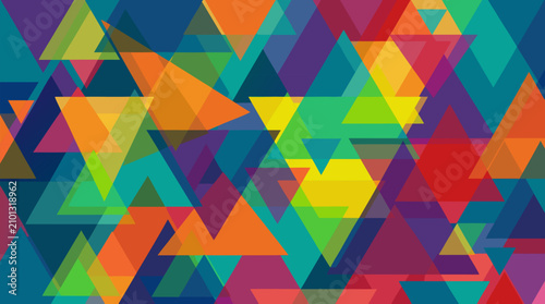 Vibrant Abstract Geometric Background Featuring Overlapping Translucent Triangles in Rainbow Colors, Modern Digital Art Pattern for Design Projects, Wallpaper, and Creative Commercial Applications