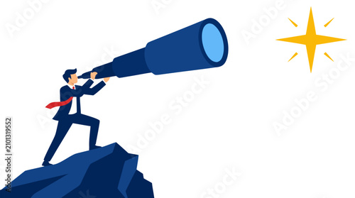 Businessman in Suit Standing on Mountain Peak Looking Through Giant Telescope at Bright Shining Star, Vision Future Goals Success Strategy Ambition Leadership Flat Vector Illustration