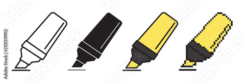 Vector illustration of a marker pen in four different design styles including outline editable stroke, glyph silhouette, flat color and pixel art style isolated on white background.