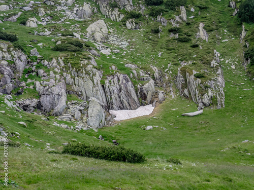 Photography A scenic summer alpine landscape in the Retezat Mountains, Romania, featuring a