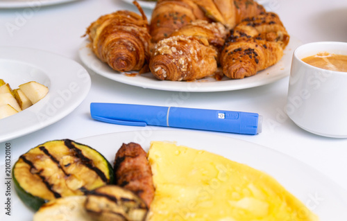 Injectable medicine pen GLP like ozempic for weight loss and appetite control next to a high-protein breakfast plate, diabetes or obesity treatment