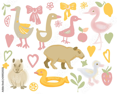 Cute cartoon capybara, flamingo and goose element set. Childish hand drawn clipart with flowers, hearts and bows for stickers, nursery decor and greeting cards.