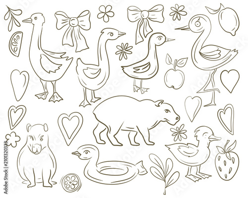 Cute cartoon capybara, flamingo and goose element set. Childish hand drawn clipart with flowers, hearts and bows for stickers, nursery decor and greeting cards.