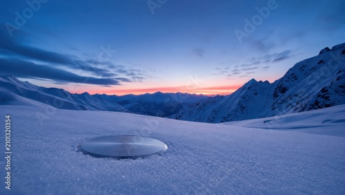 Snowy valley at dawn with metal disc with precise engineering detail and professional studio lighting