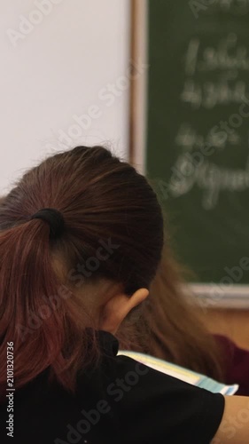 A student attending a classroom lesson in front of a green chalkboard, capturing the focus and engagement of academic learning within an educational school environment. Vertical