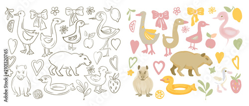 Cute cartoon capybara, flamingo and goose element set. Childish hand drawn clipart with flowers, hearts and bows for stickers, nursery decor and greeting cards.