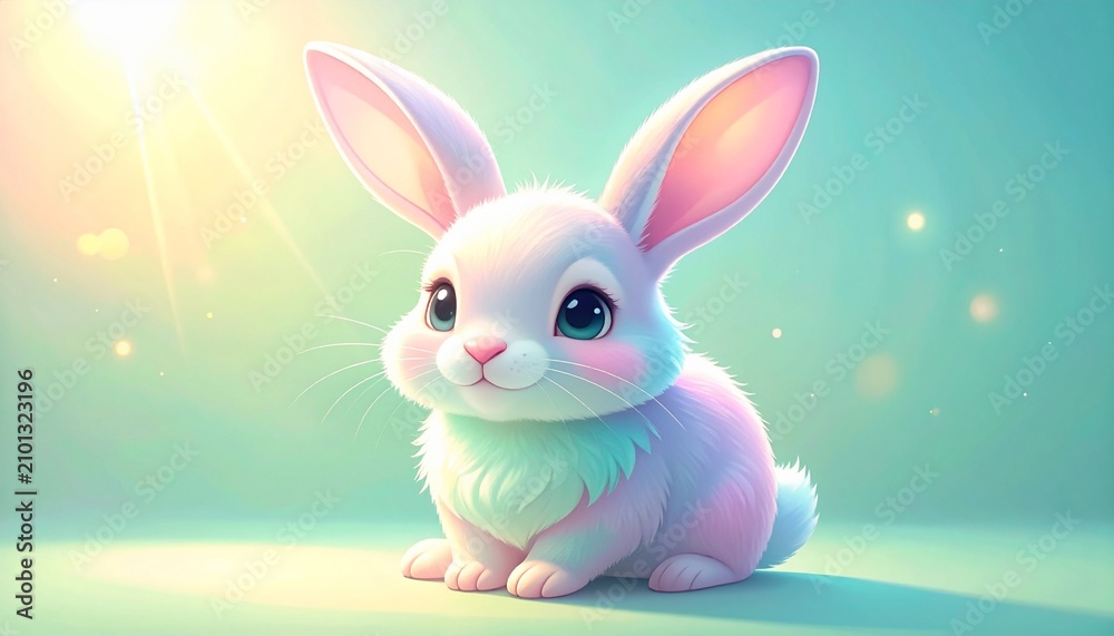 Fototapeta premium Cute fluffy rabbit with pastel fur glowing in a magical soft light atmosphere whimsical pastelcolors enchanted background