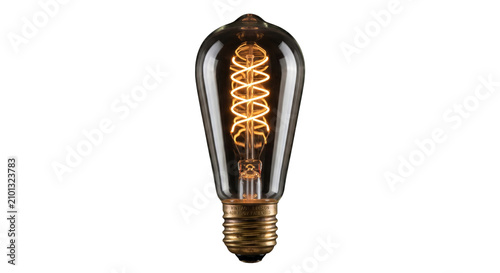 Cuadro en lienzo Edison light bulb with glowing filament and brass base on white background