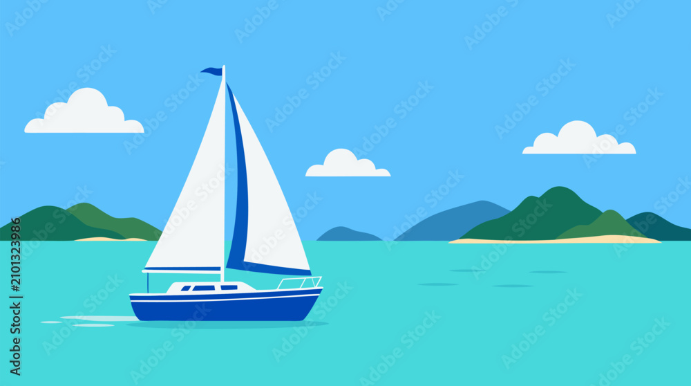 Naklejka premium Vibrant Flat Vector Illustration of a Classic Blue Sailboat Gliding Across Calm Turquoise Ocean Water, Surrounded by Lush Green Tropical Islands, Distant Misty Mountains, Fluffy Soft White Clouds