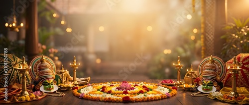 Traditional Kerala Onam festival background with flowers and lamps