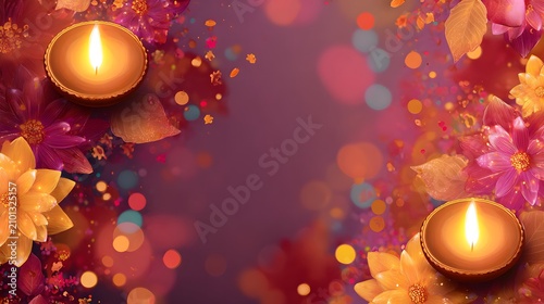 Indian festival Diwali, Diya oil lamps lit on colorful rangoli. Hindu traditional festival of lights. Copy space for text, top view, flat lay background.