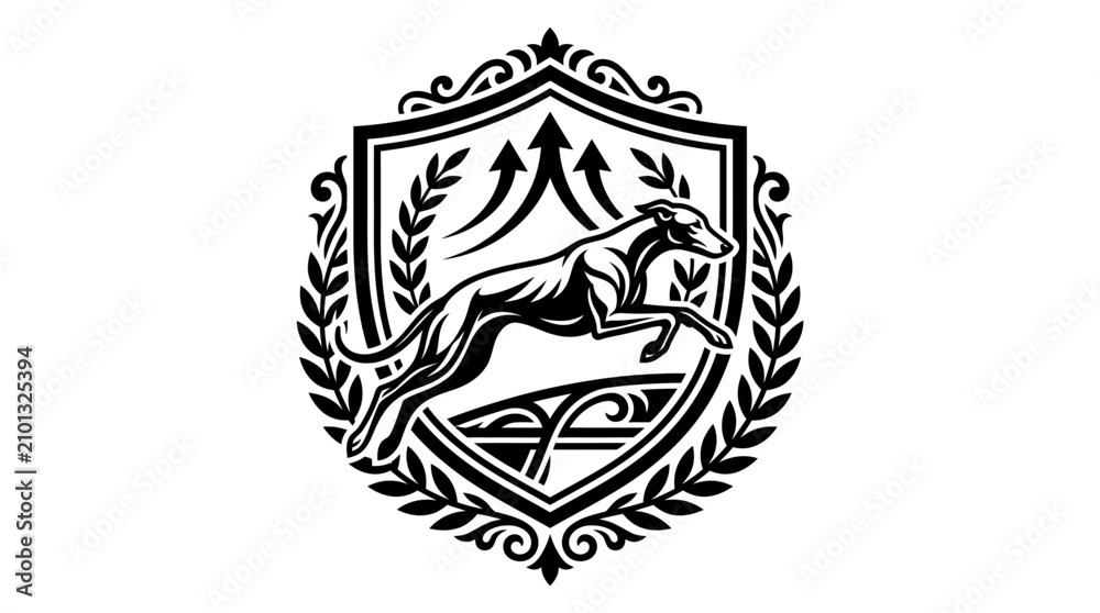 Obraz premium Ornate greyhound racing crest with arrows and laurel.