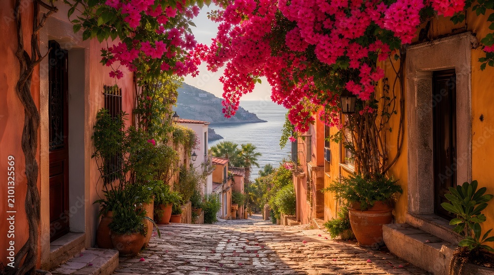 Obraz premium A cobblestone lane framed by bright pink bougainvillea and warm village facades overlooks the sea, perfect for coastal travel and vacation promotion.