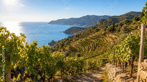 Sunlit terraced vineyard above a blue coastal bay with grape clusters, stone path, and mountains, ideal for wine tourism, agriculture, and Mediterranean travel marketing.
