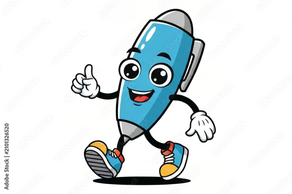 Fototapeta premium A cheerful, anthropomorphic blue pen mascot character in a cartoon style, depicted with a happy expression, giving a thumbs-up gesture, and wearing sneakers, conveying energy, assistance, approval, 