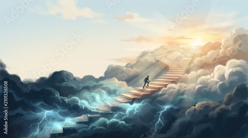 Silhouette person walks up stairs through stormy clouds to sunlit sky.