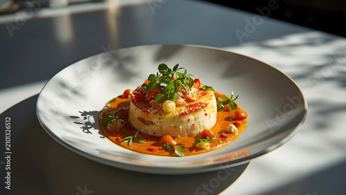 Gourmet Seafood Stack with Red Pepper Sauce and Fresh Greens on White Plate