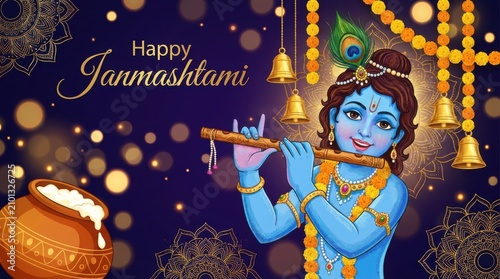 Happy Janmashtami greeting card with illustration of Lord Krishna playing