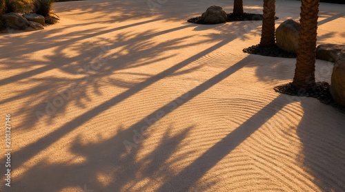Warm sunset light casts long palm tree shadows across raked desert sand with rocks, creating a tranquil resort landscape for travel and wellness marketing.