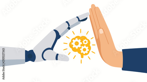 Robot AI Hand Pushing Away Human Hand with Glowing Gear Brain Stop Gesture, Technology Conflict Concept, Flat Vector Illustration of Machine versus Human Intelligence Separation and Protection