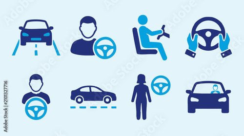 Bild auf Leinwand Vector icons of driving, cars, and drivers for transportation concepts