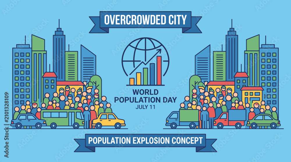 Obraz premium World Population Day Overcrowded City Population Explosion Concept Flat Vector Illustration