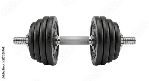 Konstfotografi Adjustable dumbbell with black weight plates and chrome handle on white backgrou