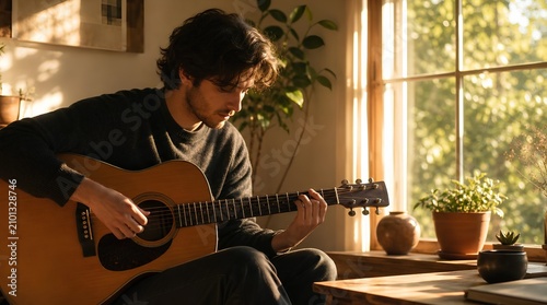 A young man plays an acoustic guitar in a sunlit living room with houseplants by the window, ideal for music lessons, relaxation, or home lifestyle promotions.