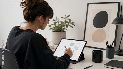 A woman uses a stylus on a tablet to sketch wireframes at a minimalist desk, suited for design studio, UX workflow, remote work, or creative technology content.