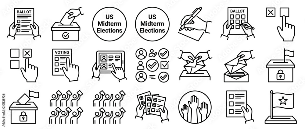 Fototapeta premium Election Icons: Voting, Ballot Boxes, Hand Casting Vote, Midterm Elections Symbols