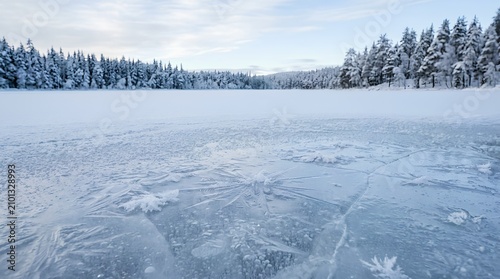 A frozen lake with frost patterns stretches toward snow covered forest under a pale winter sky, suited for seasonal travel, nature, and climate themes.
