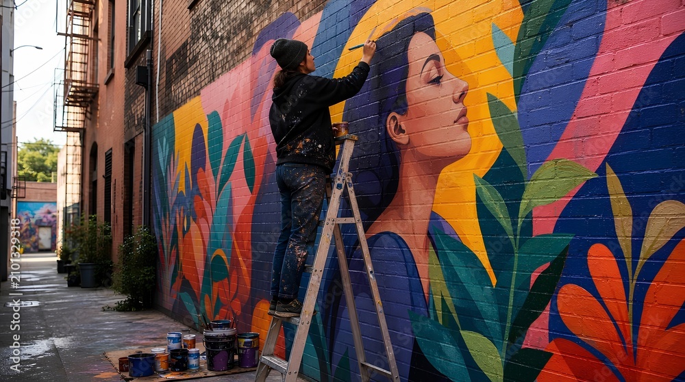 Fototapeta premium A street artist paints a vibrant portrait mural on a brick alley wall, showcasing urban creativity for community art, design, and neighborhood revitalization campaigns.