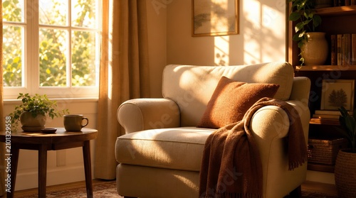 A sunlit cozy living room with cream armchair, rust pillow and throw, plants, books, and tea by the window, ideal for home decor and wellness marketing.
