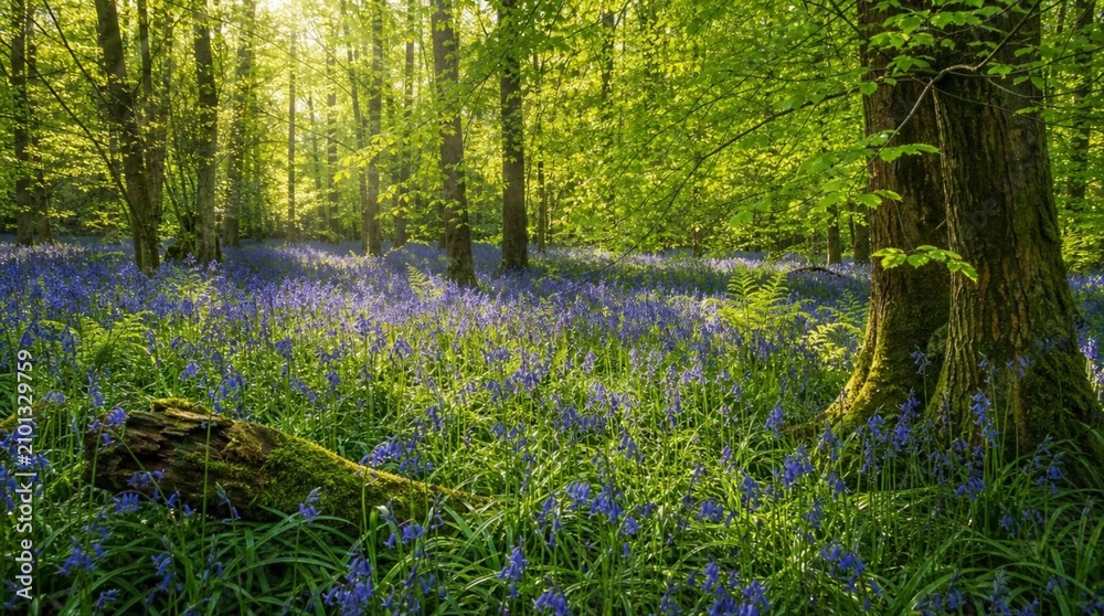 Obraz premium A sunlit woodland carpeted with bluebells, mossy logs, and fresh green foliage creates a tranquil spring nature scene for travel, wellness, or conservation promotion.