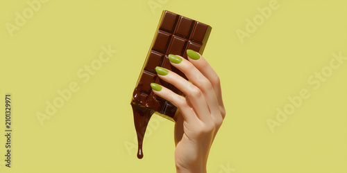 A hand with bright green nail polish holds a bar of dark chocolate, with a drip of melted chocolate falling down