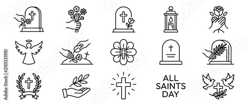 Fotografie Funeral Icons Set: Memorial, Grief, Remembrance, Mourning, Cemetery, Faith, Hope