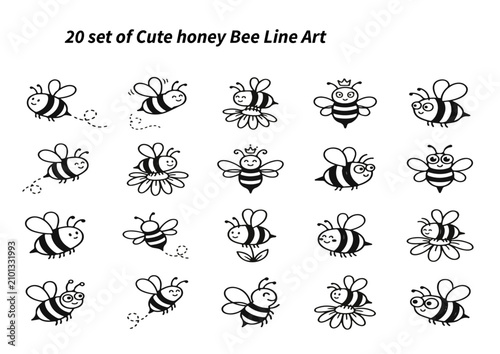 Cute honey bee line art icons. Set of hand drawn bumblebee vector illustrations.