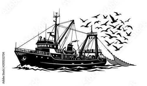 Obraz na płótnie Commercial Fishing Trawler Boat at Sea Pulling a Net with a Large Flock of Seagu
