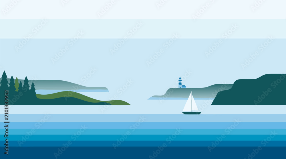 Naklejka premium Minimalist Vector Seascape with Sailboat and Lighthouse on Misty Mountain Coastline. Flat Design Ocean Landscape in Blue Gradient, Perfect for Modern Design Projects and Wall Art.