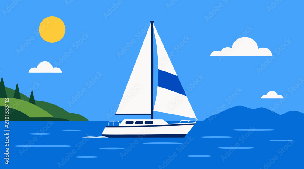 Naklejka premium Vibrant Vector Sailboat Illustration on Calm Blue Ocean Under Sunny Sky with Clouds, Green Hills and Mountains, Summer Travel Vacation Nautical Design, Flat Style
