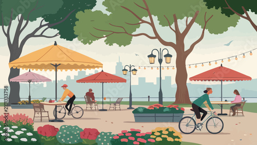 Vibrant outdoor caf terrace with cyclists and urban skyline in background
