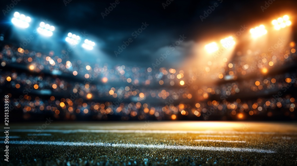 Obraz premium A vibrant, blurred stadium at night with bright lights, cheering crowds, and a green field, capturing the excitement of a live game