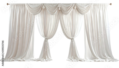 Soft, elegant white curtains with tassels, arranged in flowing folds