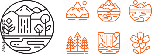 Nature and landscape line art icon set featuring mountains waterfall trees and flower vector illustrations