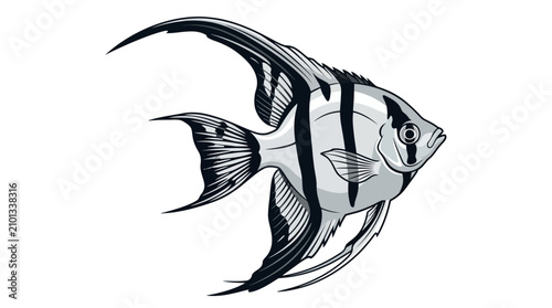 Schilderij op canvas Graceful angelfish illustration in black and white, perfect for tropical aquatic designs
