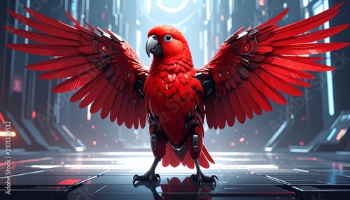 Cybernetic red macaw with wings extended in glowing corridor sci fi bird like cybernetic corridor mechanical futuristic