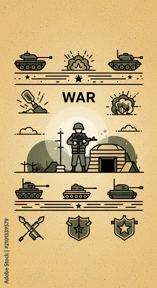 Fototapeta premium Stylized illustration of war elements, including tanks, a soldier, explosions, and military symbols, representing conflict and combat