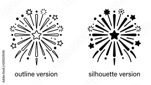 Bild auf Leinwand Fireworks Icon Set: A set of two graphic representations of fireworks, one as a clean outline and the other as a solid silhouette, perfect for adding a festive flair to any design