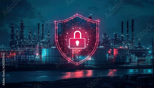 A modern industrial facility is secured at night by advanced digital protection.